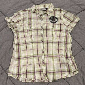 Harley-Davidson. Short sleeve button up shirt. White, green, and purple.